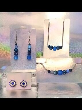 Handcrafted Blue Bead Necklace and Earring Set